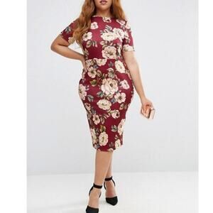 ASOS Curve Oxblood Floral T-Shirt Scuba Bodycon Dress Size 6